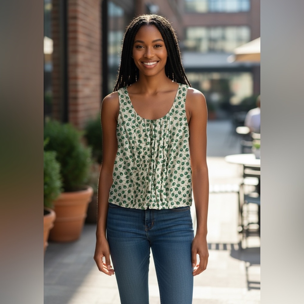 Anthropologie Cream and Green Print Camisole Eclectic Preppy Sporty